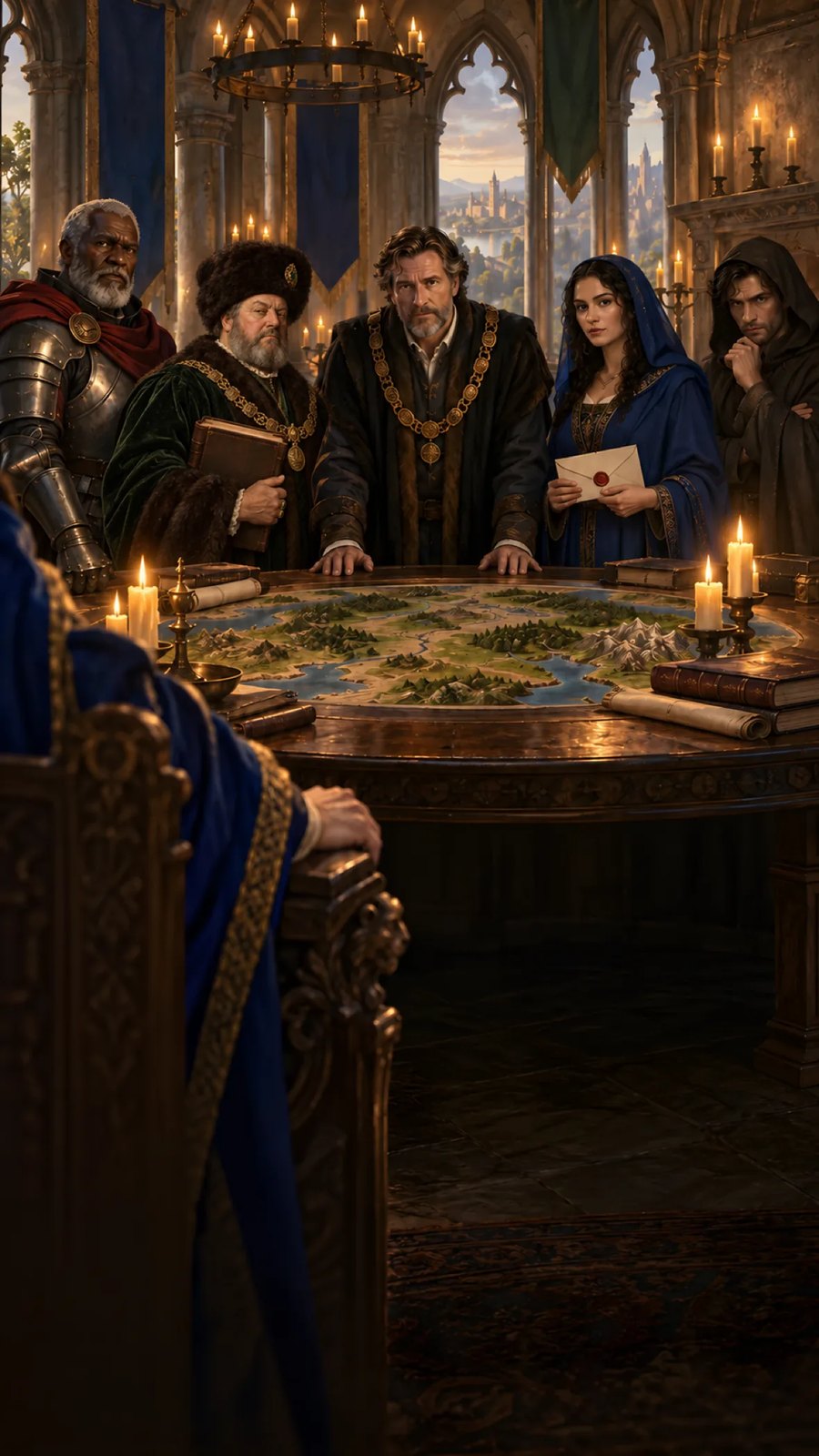 Five advisers gathered around a candlelit council table