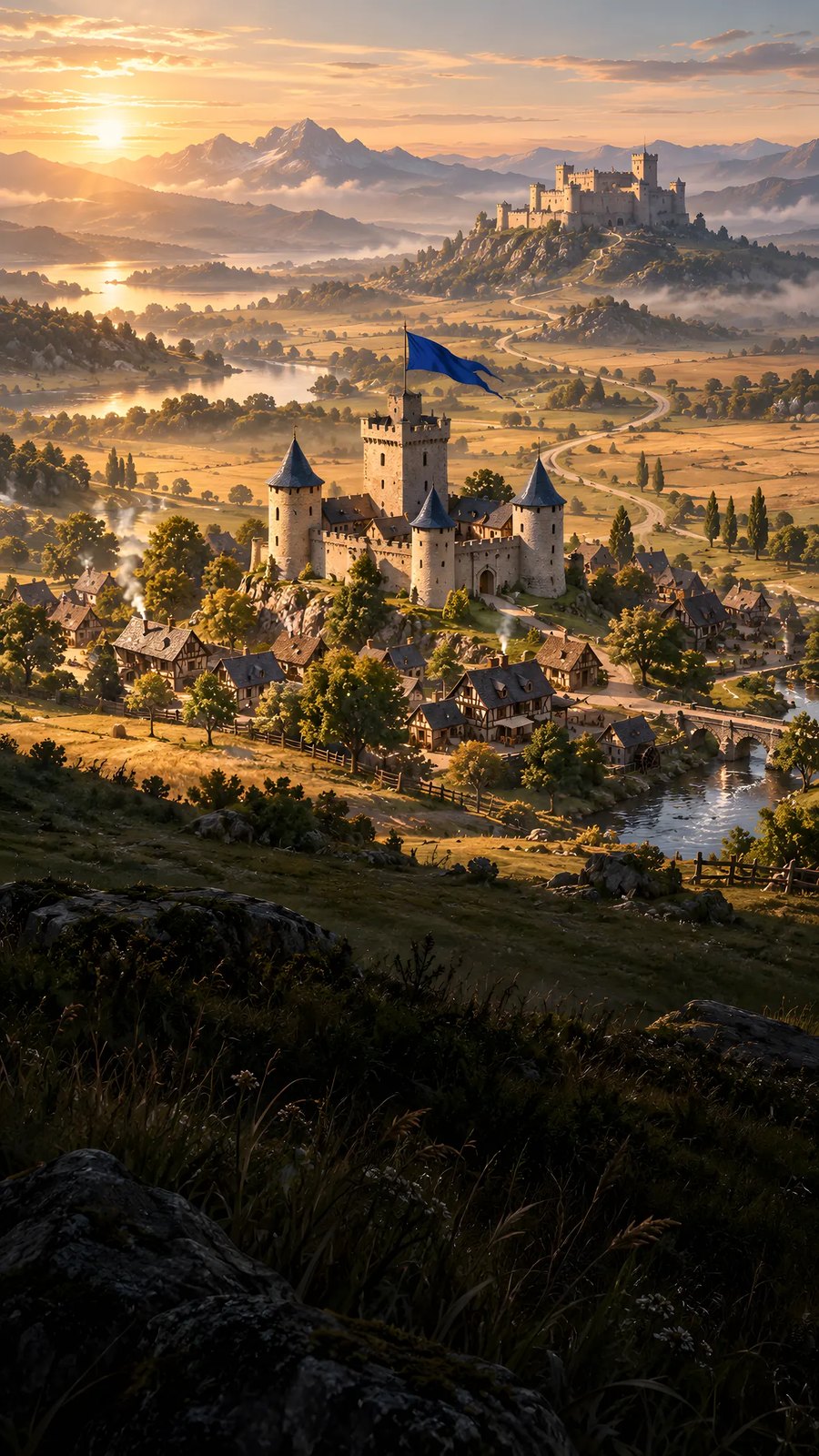 A sunlit realm of castles, villages and mountains
